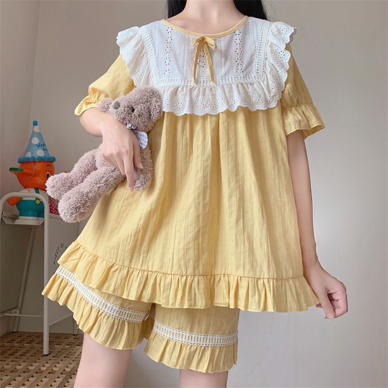 SET BỘ MẶC NHÀ CỘC TAY THÔ VÀNG CỔ BÈO TRẮNG rẻ nhất shopee