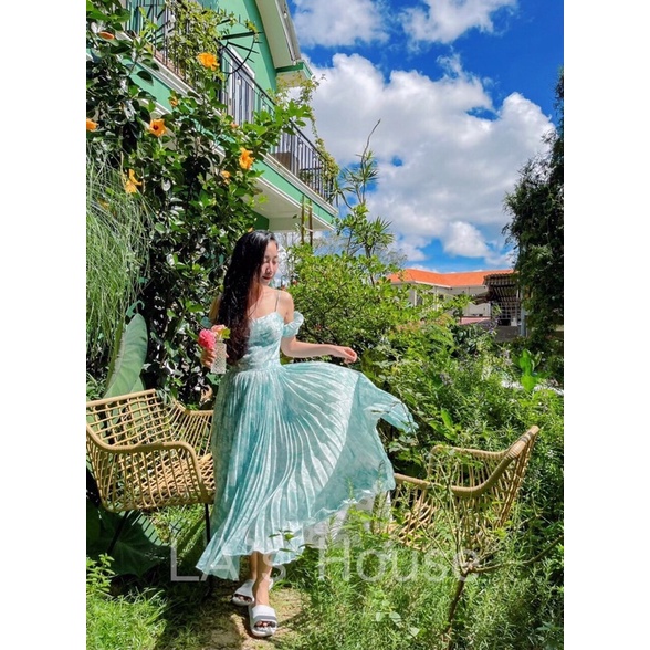 Váy maxi xếp ly màu xanh hothit