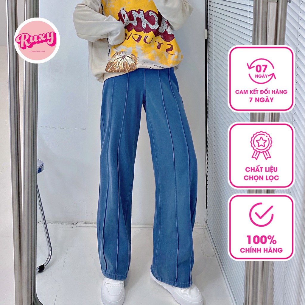 Quần Jean Nữ Ruxy Suông Xanh Xếp Ly