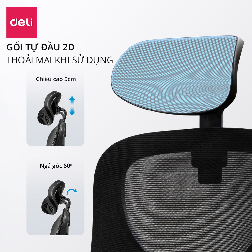 Ghế công thái học Deli Cao Cấp tựa đầu 3D, tựa tay điều chỉnh hỗ trợ cổ và cột sống chuẩn theo tư thế ngồi chính hãng