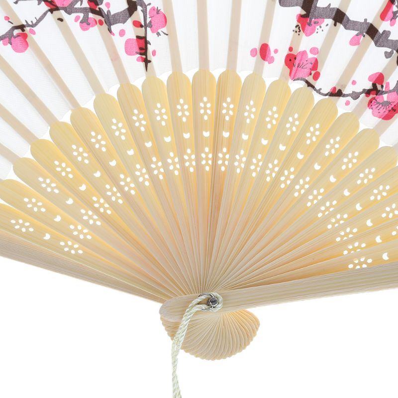 ✿ Quạt Xếp Cầm Tay Bằng Tre Lụa Phối Tua Rua Họa Tiết Hoa Mận Phong Cách