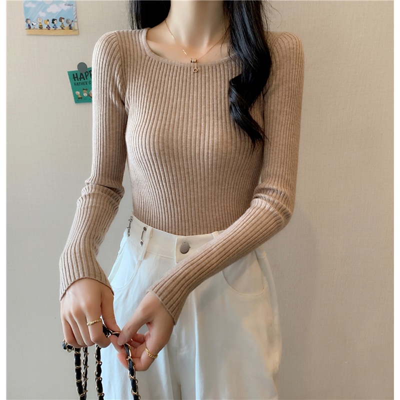 Áo dệt kim ZHELIHANGFEI dài tay cổ vuông ôm dáng linh hoạt cao cấp