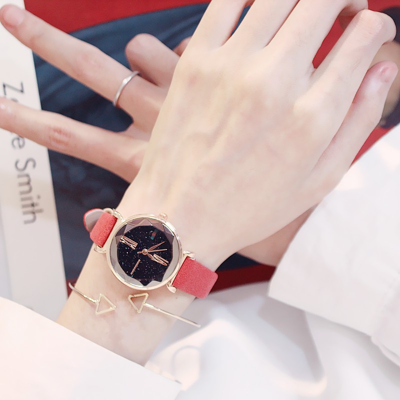 Đồng hồ nữ 1102 dây da lộn mặt tròn 3D Bán lẻ giá sỉ