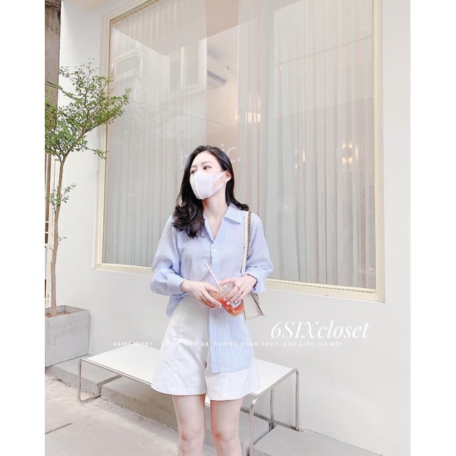 Áo sơ mi nữ dài tay kẻ sọc cổ vest 6Six Closet