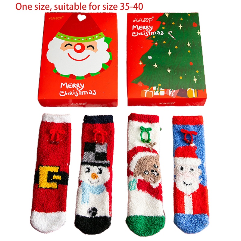 Set 4 Đôi Tất Sợi Nhỏ Dày Giữ Ấm Mùa Đông In Họa Tiết Giáng Sinh Cho Nữ