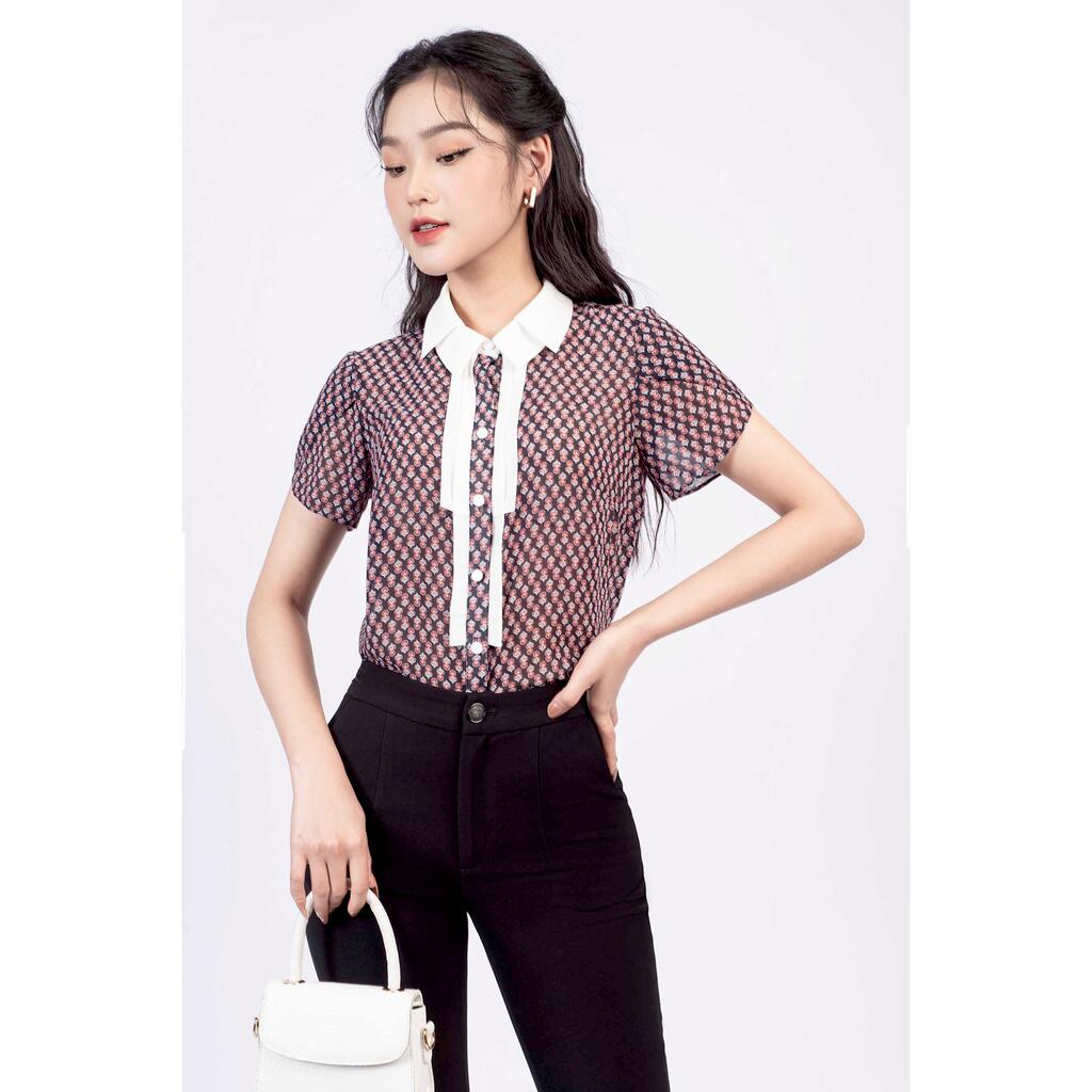 Áo sơ mi cổ đức hai tầng, tay nụ hồng, Nẹp áo may viền 1 nửa MMOutfit M-AO061021235