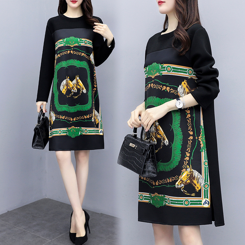 New Autumn Plus Size 5XL Women Korean Fashion Retro Printing Dress Casual Loose Long Sleeve Party Midi Dresses