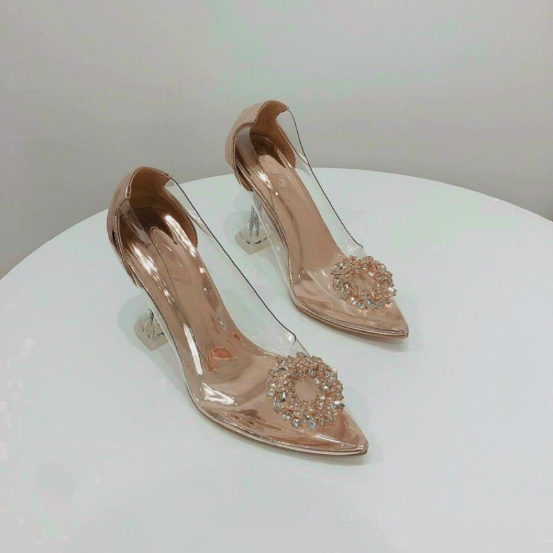 [Hàng cao cấp] Giày cao gót trong suốt gót ly đính hoa lúa vàng công chúa cao 9p mẫu mới