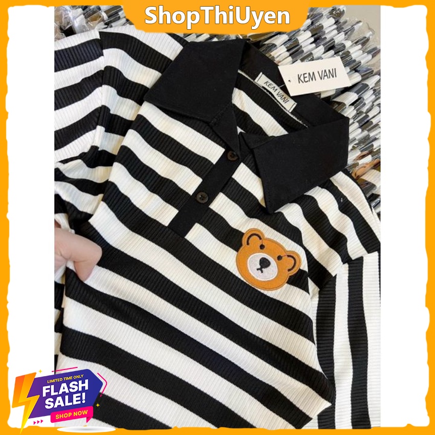 Đầm thun gân kẻ sọc thêu hình gấu cổ áo polo dáng suông xinh xắn