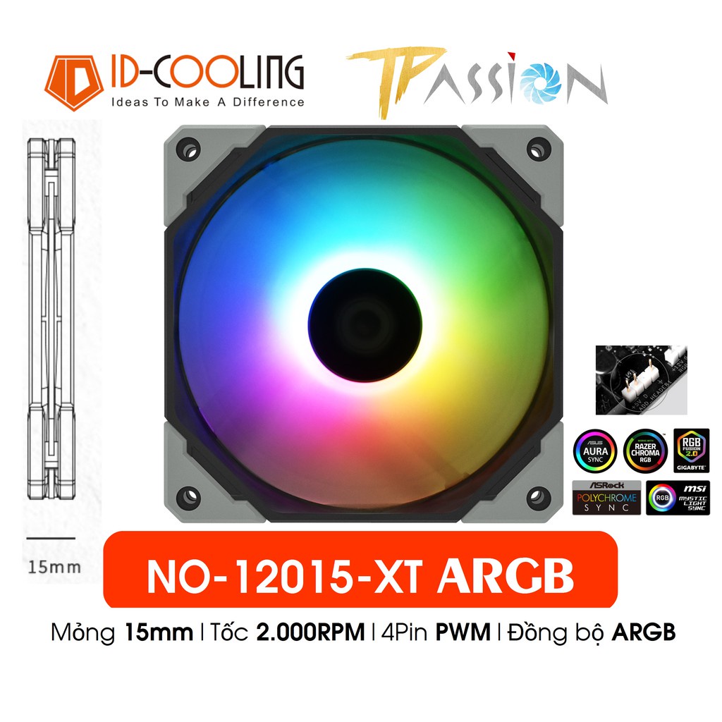 ☂Quạt tản nhiệt fan case 12cm ID-Cooling NO-12015-XT ARGB - Slim 15mm, tốc 2000rpm, điều PWM, đồng bộ LED 5V