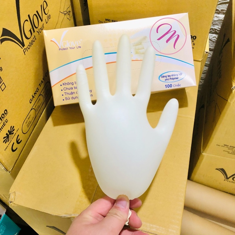(100pcs) Găng Tay Phủ Polymer Latex VGlove Không bột Màu Trắng
