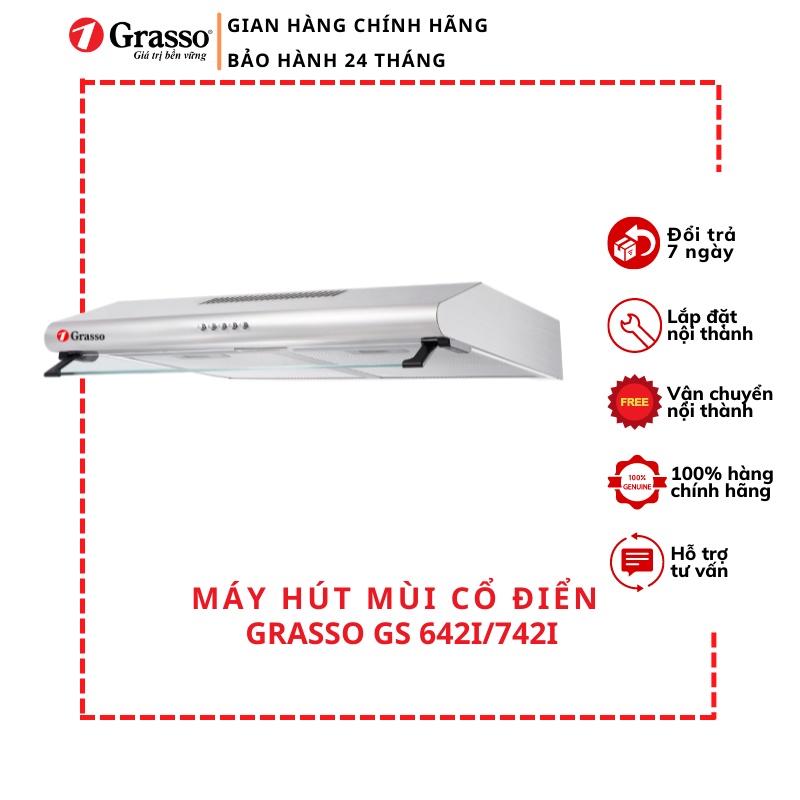 Máy hút mùi cổ điển Grasso GS 642I/742I nhỏ gọn, dễ lắp đặt, thích hợp chung cư mini