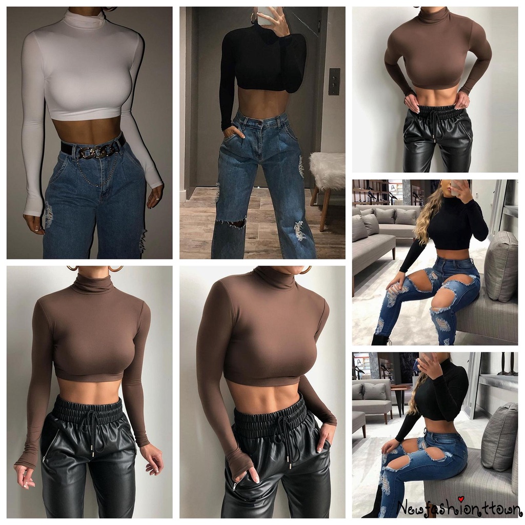 Áo Croptop Tay Dài Cổ Cao Màu Sắc Đơn Giản Cho Nữ