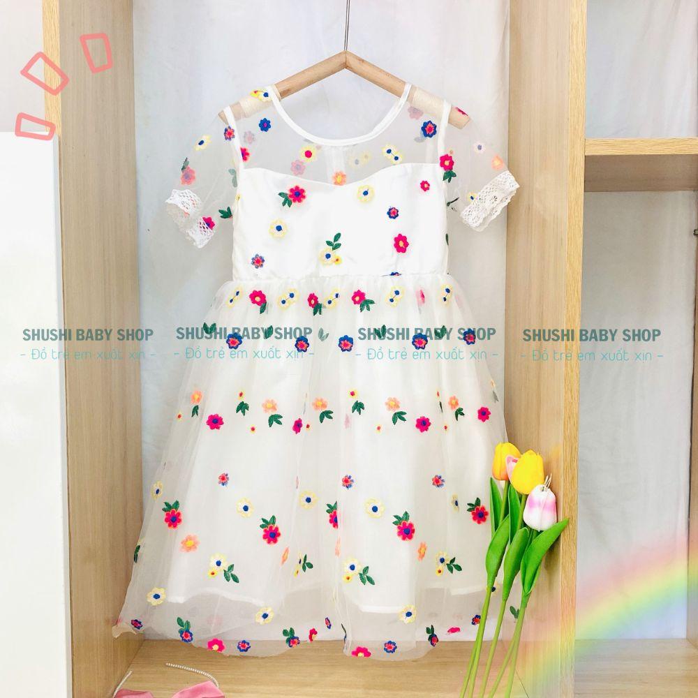 Váy bé gái màu trắng thêu hoa nổi 5 lớp dáng tiểu thư xinh xắn