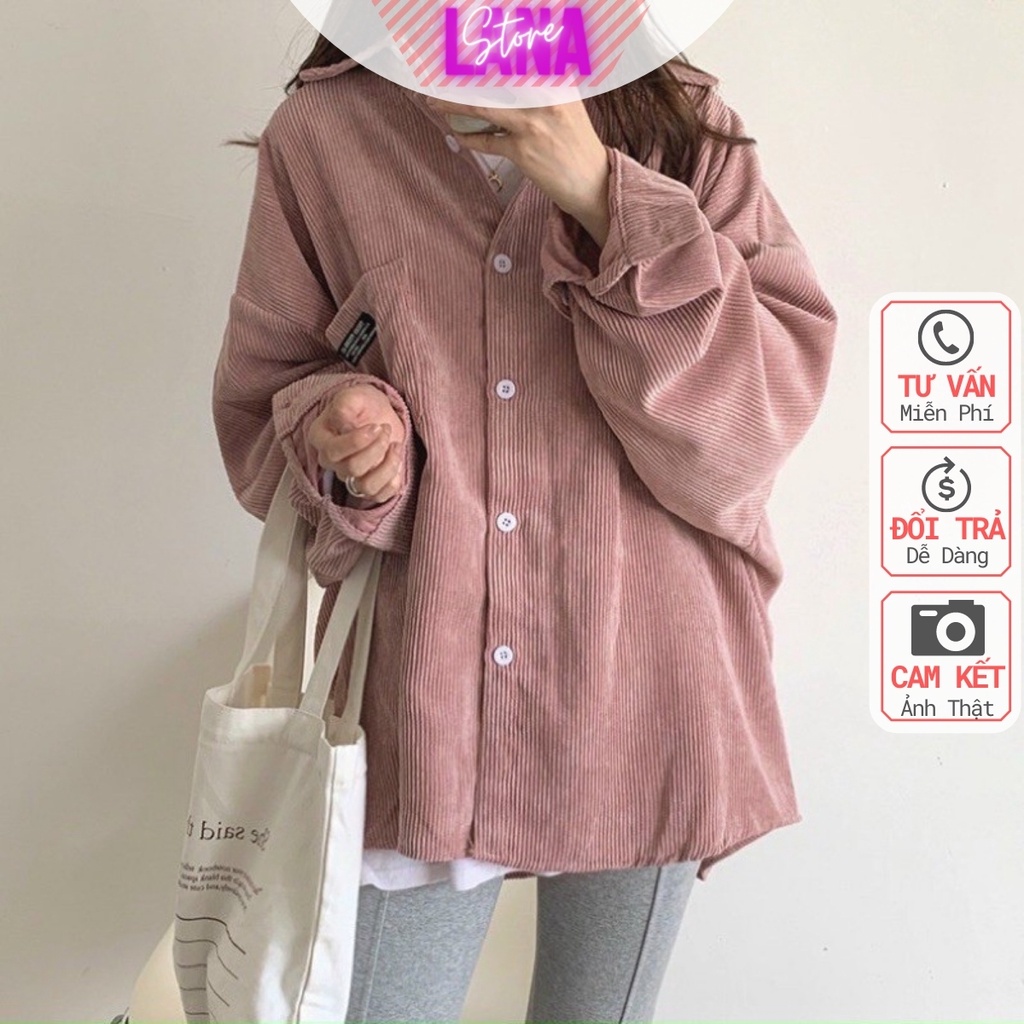 Áo Khoác Sơmi Nhung Gân 1 Túi logo form unisex rộng thoải mái cute
