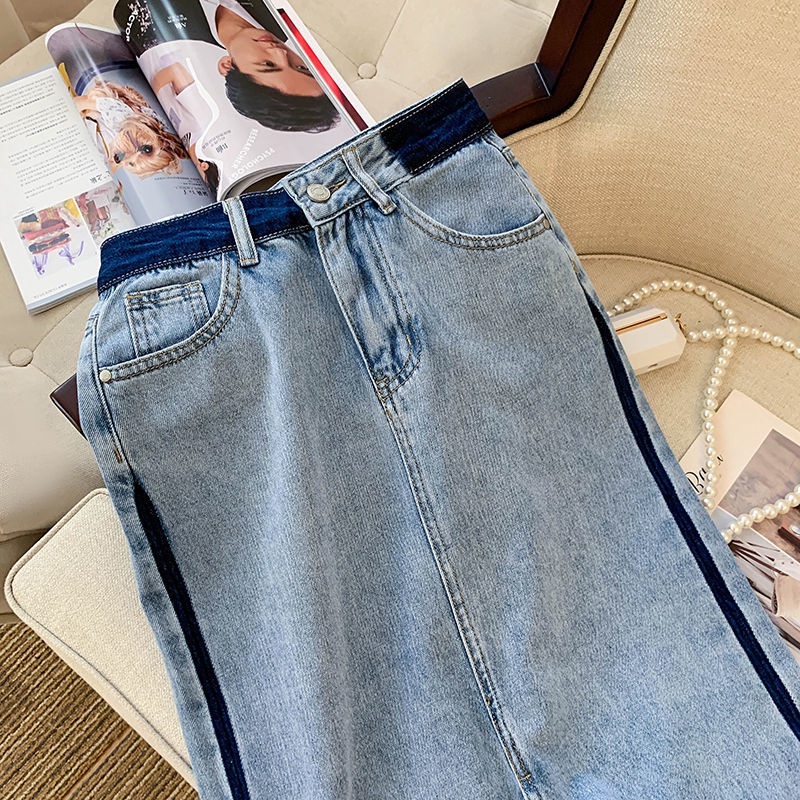 Chân váy jean Dáng Suông Xẻ Tà Màu Sắc Tương Phản Thời Trang Mùa Hè Hàn Quốc 2022