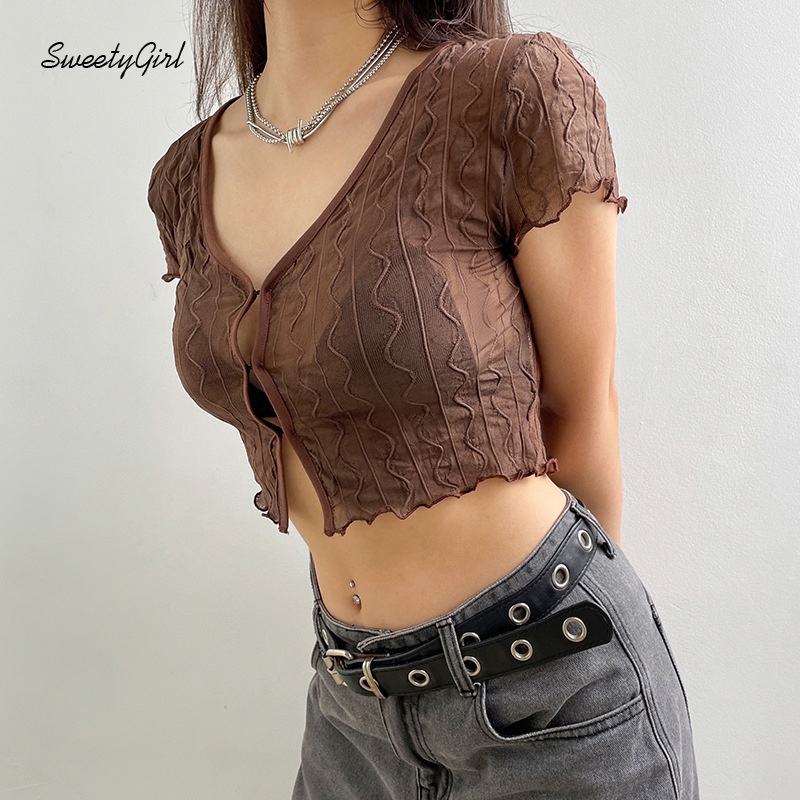 Áo Kiểu Cổ Chữ V Tay Ngắn Viền Ren Lưới Trong Suốt Có Khóa Cài Dành Cho Nữ 2022
