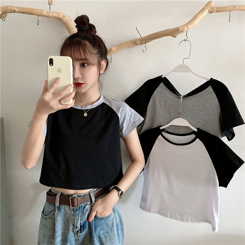 Áo Thun Tay Ngắn Phối Màu Phong Cách Hàn Quốc Cho Nữ