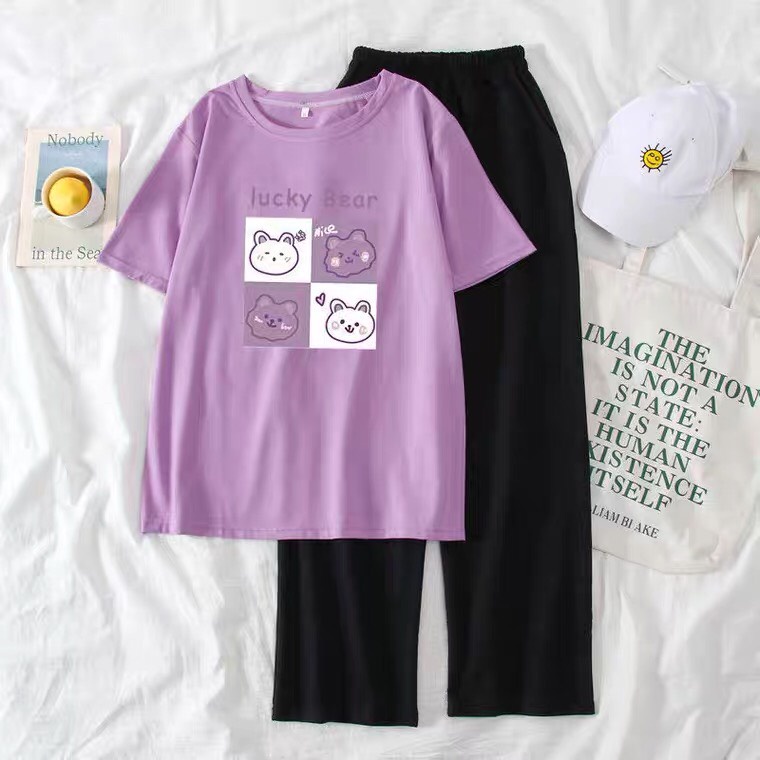 Sét áo Lucky Bear + quần suông đen, Áo thun from rộng, Chất đẹp không xù, quần suông ống rộng, Sét bộ mặc ở nhà - MODY