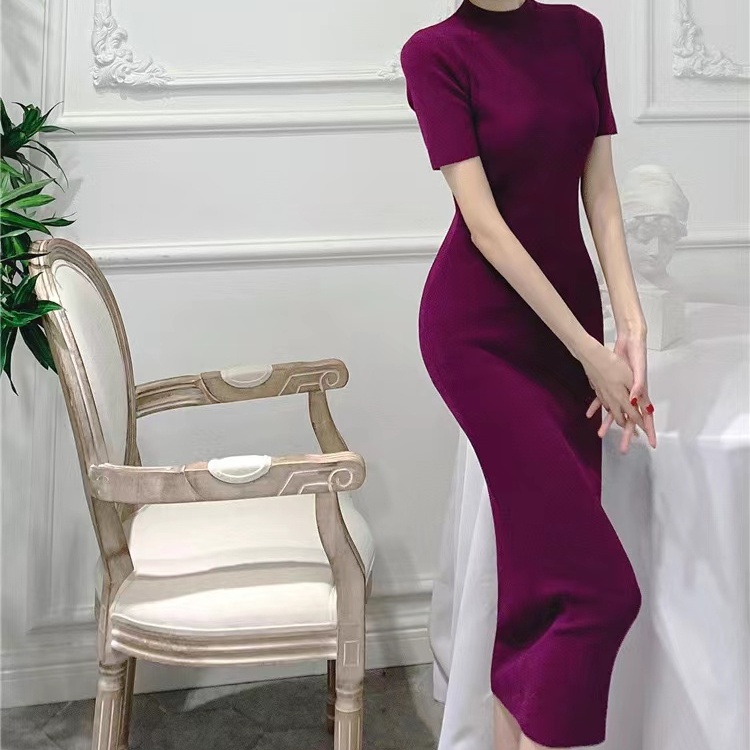 Đầm lửng SUXI dệt kim tay ngắn màu trơn ôm dáng thời trang mùa hè cho nữ