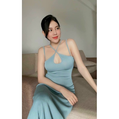 Đầm body thun gân 2 dây chéo ngực tôn V1 và body gợi cảm sang trọng - Free size - MS2H