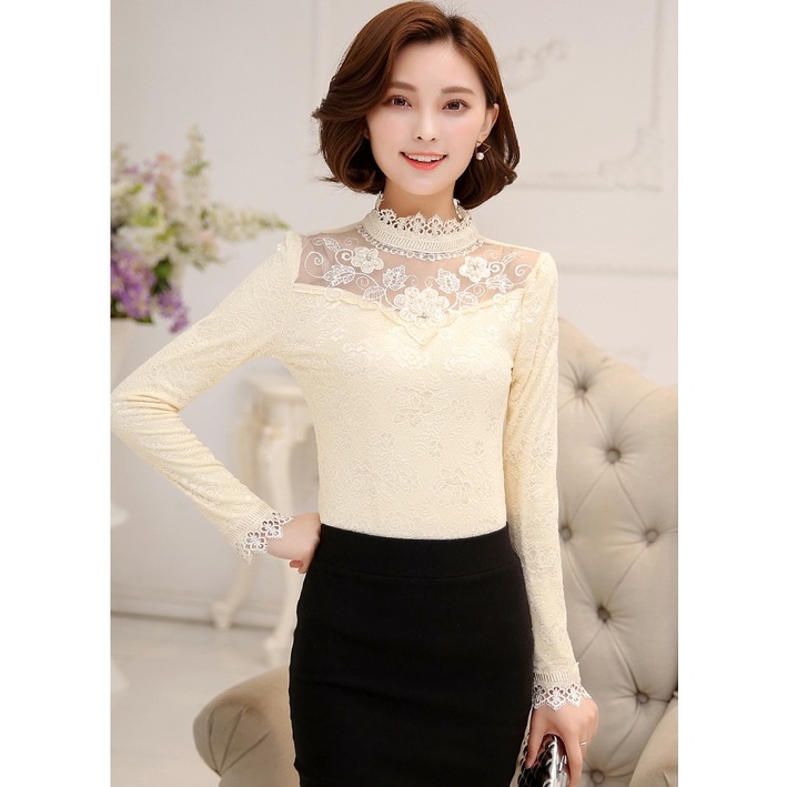 Áo Cổ Cao Phối Ren Thời Trang Thu Đông Cho Nữ Ale43