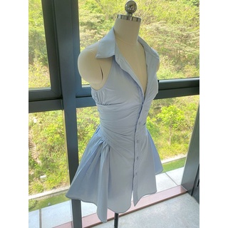 Váy sơ mi nữ xếp eo xanh nhạt