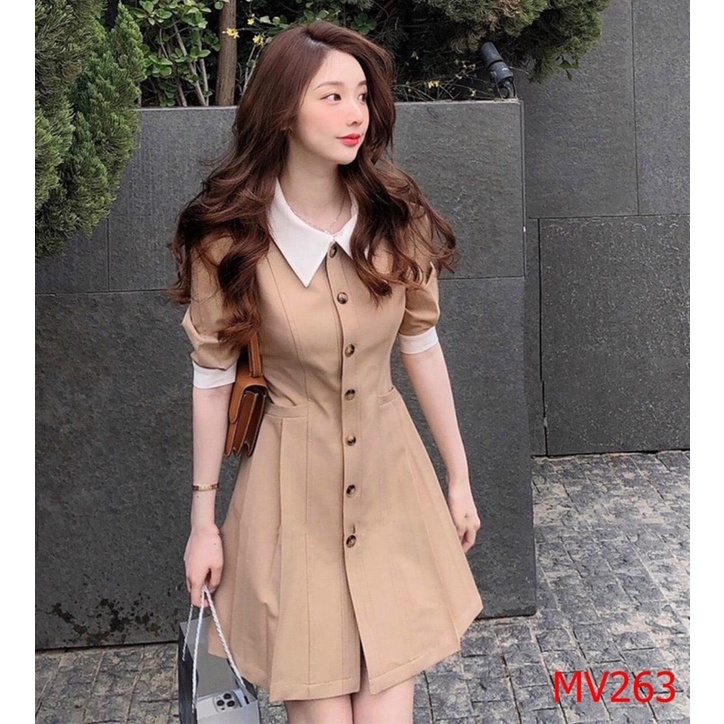 ĐẦM SƠMI VINTAGE CỔ PHỐI TRẮNG