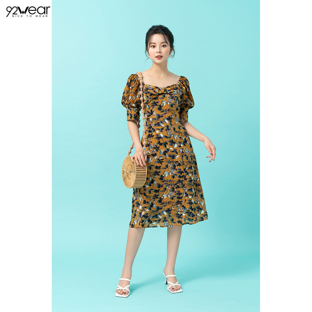 Đầm váy nữ dự tiệc 92WEAR 2 màu, dáng dài cổ vuông nơ ngực DDW1069 | BigBuy360 - bigbuy360.vn