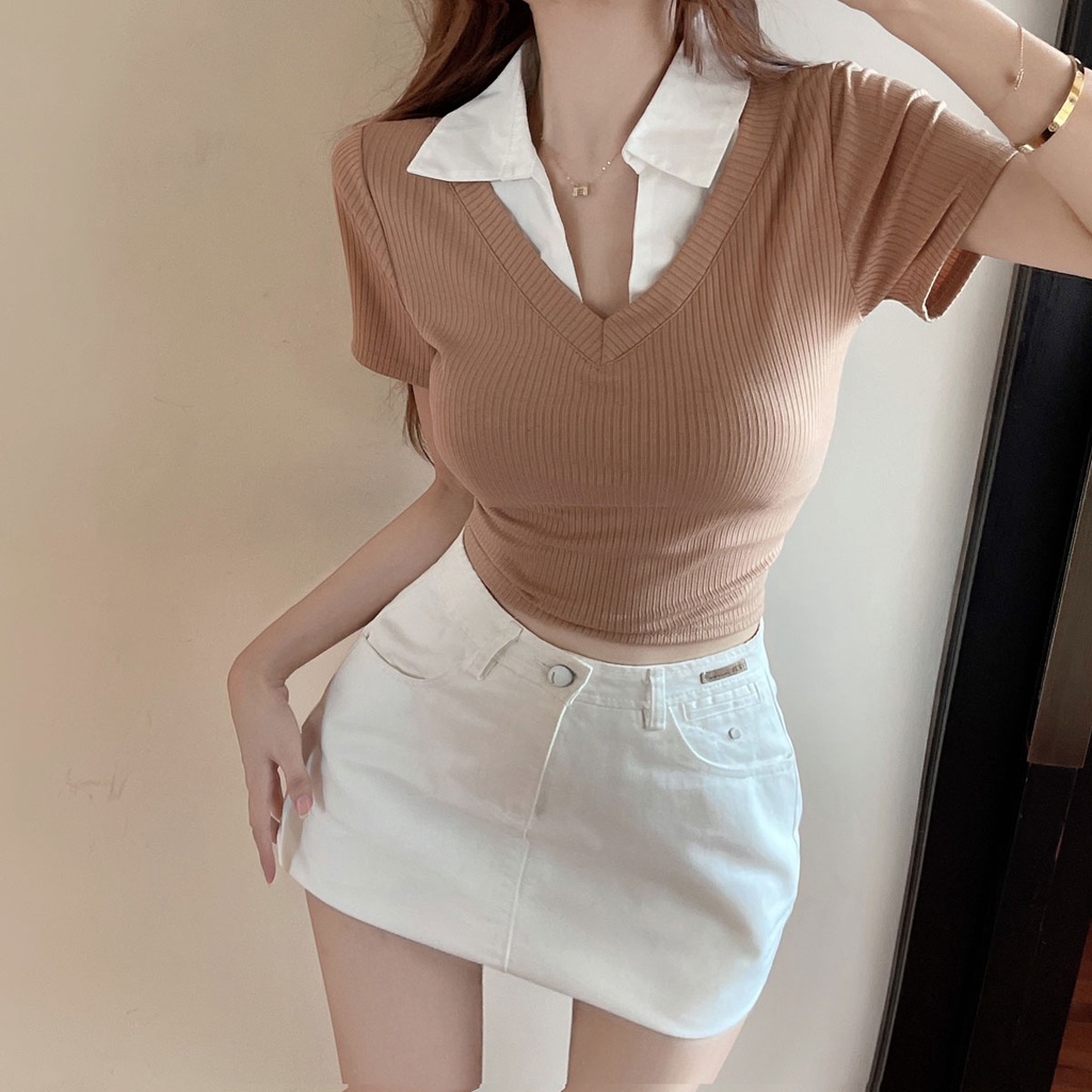 Áo dệt kim ZHELIHANGFEI tay ngắn cổ chữ V giả hai lớp thời trang cá tính cho nữ