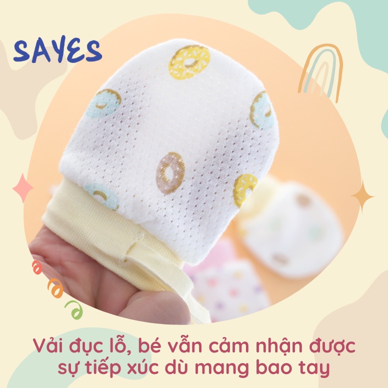 Bao tay cho bé 3-12 tháng, vải cotton đục lỗ thoáng khí, có dây rút, thấm hút tốt, màu pastel nhẹ nhàng