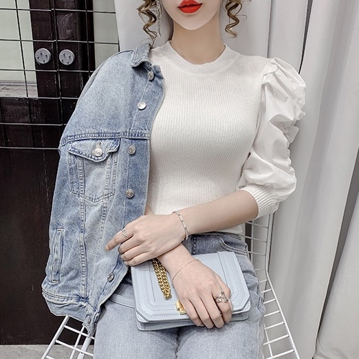 【ZHELIHANGFEI】 / Áo Thun Dệt Kim Tay Ngắn Phồng Cổ Tròn Phong Cách Hoàng Gia Mùa Xuân Mới Cho Nữ