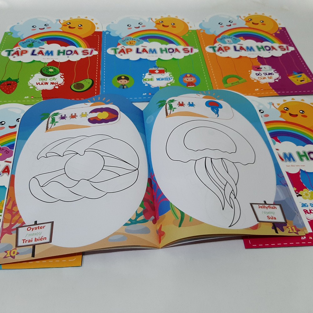 Bộ Sách Tô Màu Tập Làm Họa Sĩ Bộ 6 Cuốn: Chủ đề Nghề Nghiệp, Đồ Dùng, Trái Cây, Loài Hoa, Động Vật Dưới Nước Và Trên Cạn