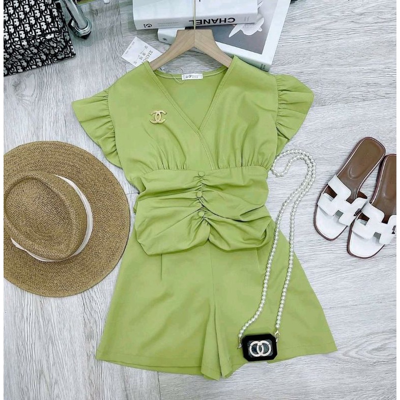 Sét áo bèo màu xanh bơ mix quần sooc cạp cao