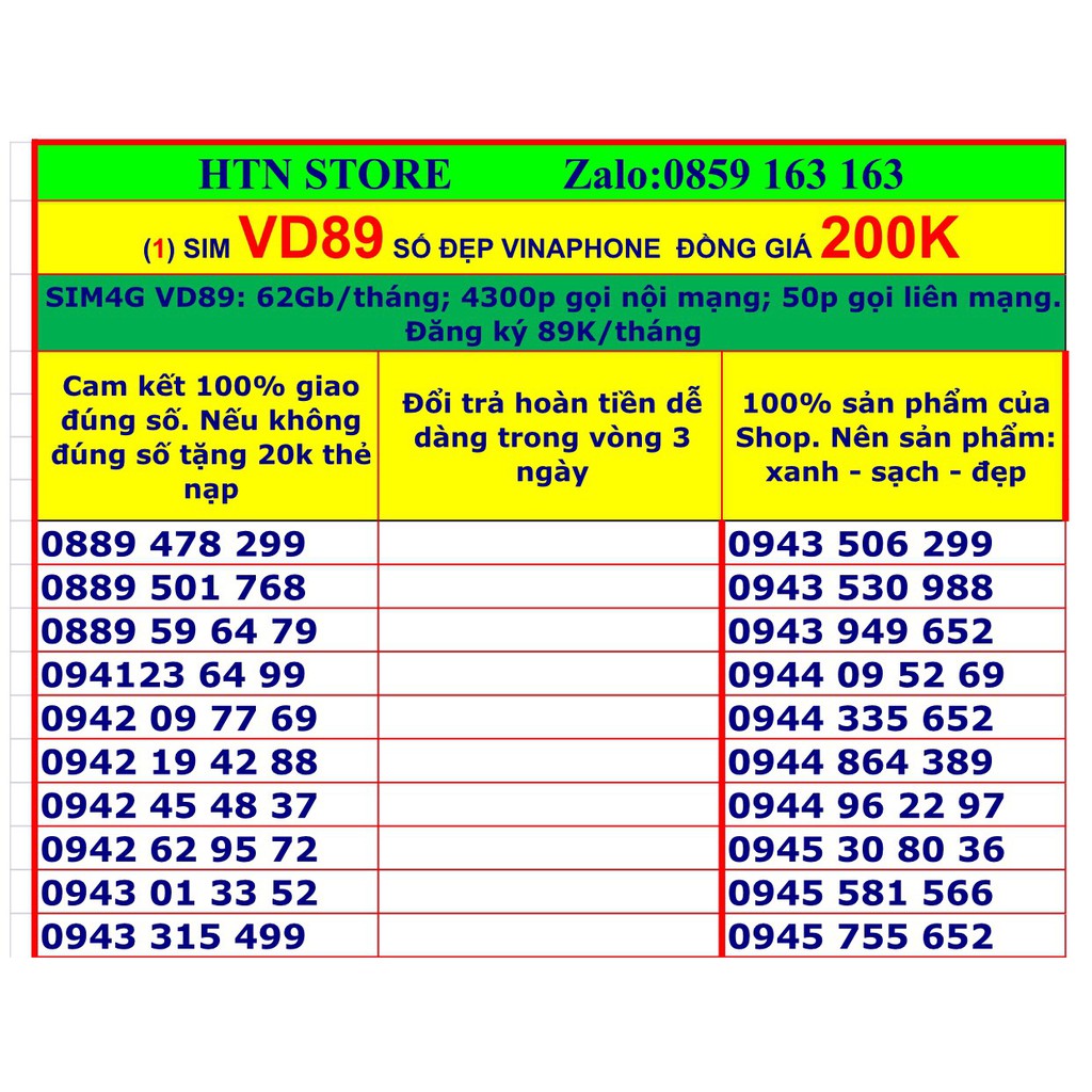Sim 4g vinaphone VD89 số đẹp giá rẻ đồng giá 200k (1) tặng 62GB data, miễn phí gọi nội mạng, 50p ngoại mạng