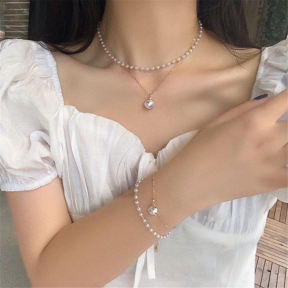 Vòng Cổ Choker Hai Lớp Đính Hạt Ngọc Trai 2021 Thời Trang Mùa Hè Cho Nữ