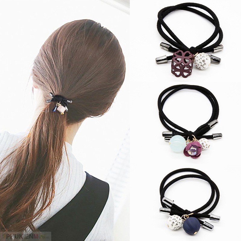 Bộ 6 dây thun buộc tóc, cột tóc đính hạt châu kiểu Hàn Quốc xinh xắn cho bạn gái kèm túi voan dây rút tiện lợi  giá rẻ