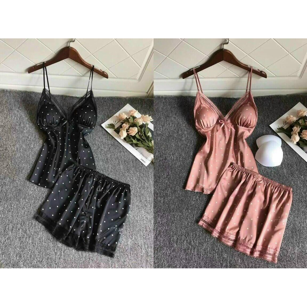 Mẫu Mới Bộ Ngủ 2 Dây Chấm Bi Lụa Satin Viền Ren Siêu Gợi Cảm