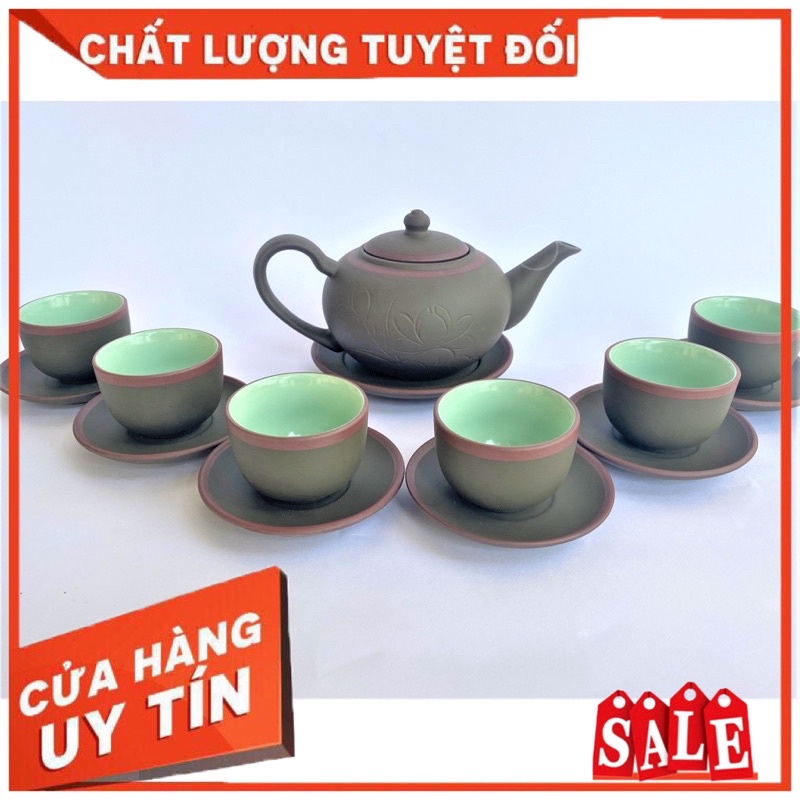 Bộ ấm trà gốm tử sa Bát Tràng dáng Tống Sen xanh chỉ đỏ