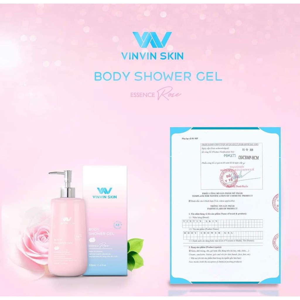 Sữa tắm trắng Hoa Hồng [Body Shower Gel] VinVin Skin 330ml - Đảm bảo tắm là trắng