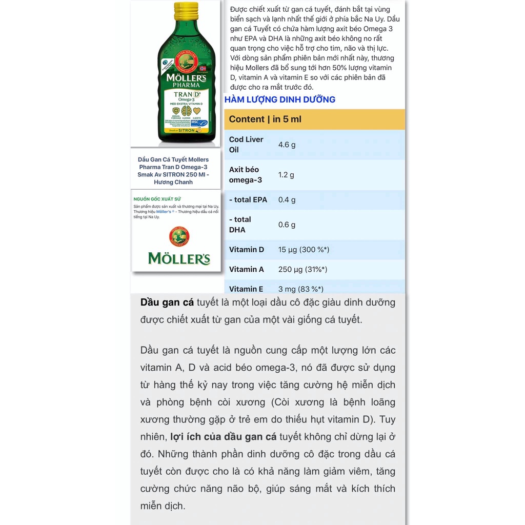 Dầu gan cá tuyết Omega 3 MOLLER’S chai  250ml - nội địa Na Uy