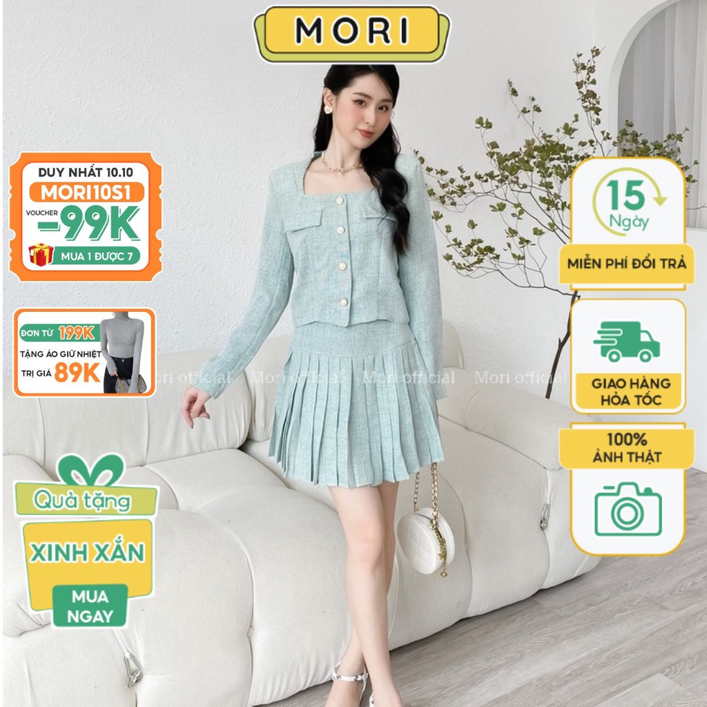 Set đầm dạ tweed nữ áo cổ vuông chân váy xếp ly Hàn 2 lớp tiểu thư sang chảnh thời trang nữ thiết kế MORI CLOTHING