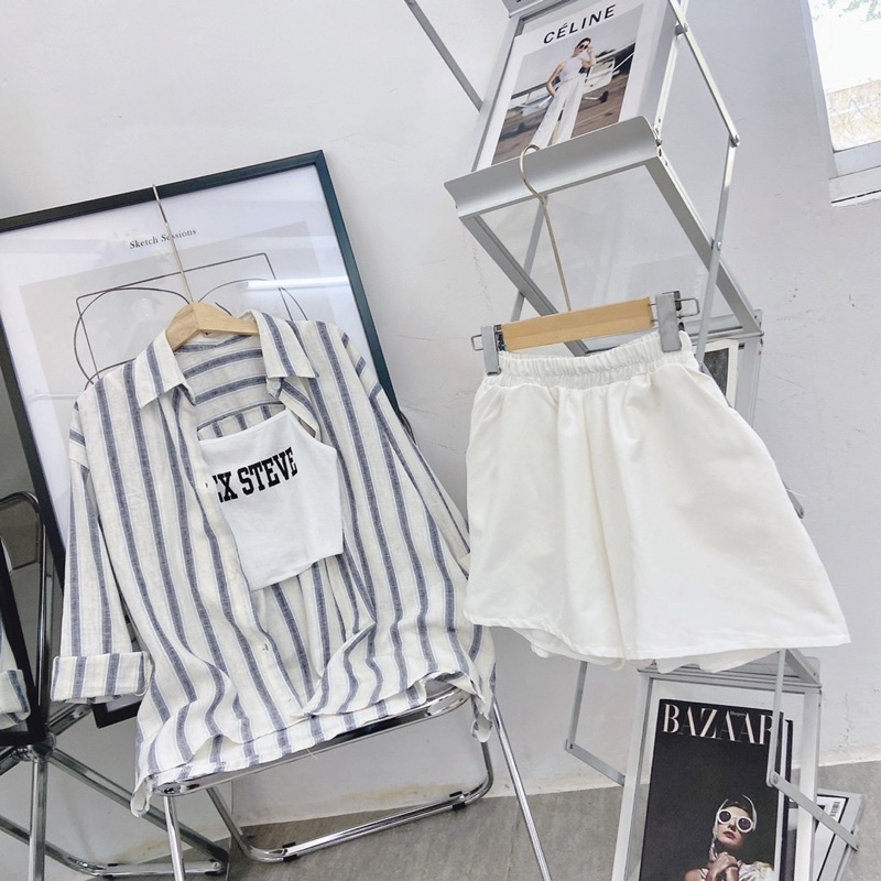 SET 3 MÓN:  SƠ MI KẺ SỌC + THUN CROP 2S TRẮNG  + SHORT