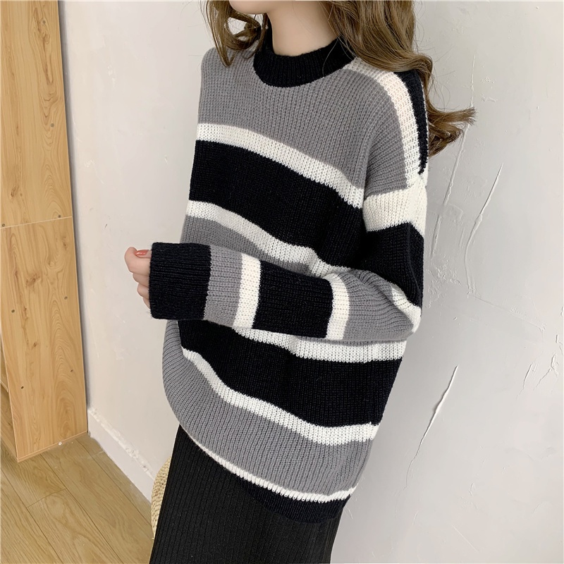 Áo sweater tay dài cổ tròn thiết kế thời trang sọc kiểu Hàn Quốc cho nữ