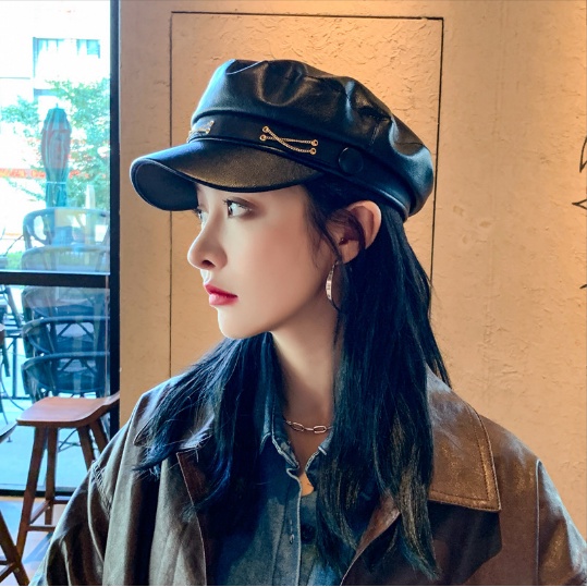 Nón beret da PU Bóng Cá tính Ulzzang Hàn Quốc Thủy thủ Thời trang