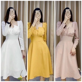 Đầm cổ xếp tay nút ngọc 3 màu