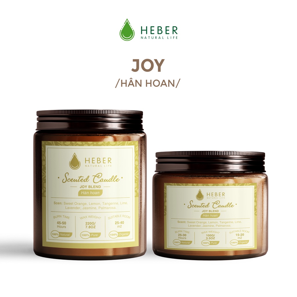 Nến Thơm Hân Hoan Joy Scented Candle Heber Natural Life Thiên Nhiên Cao Cấp, Thơm Phòng Thư Giãn, 100g & 220g