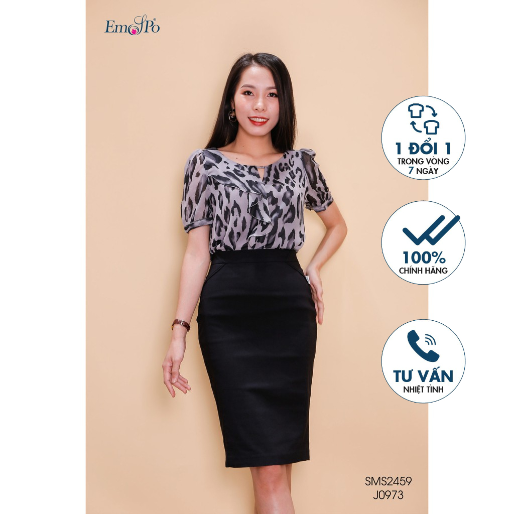 Áo sơ mi công sở cổ tròn họa tiết, bèo cổ lệch Emspo SMS2459 (Đen, Trắng)