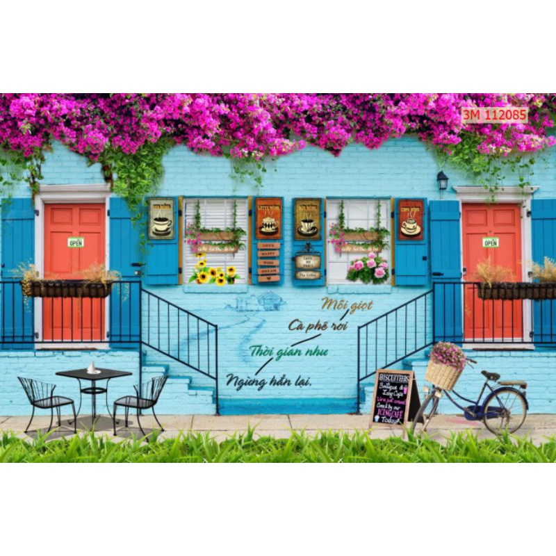 Tranh dán tường 3D trang trí quán cafe, trà sữa , ăn vặt keo sẵn bóc dán