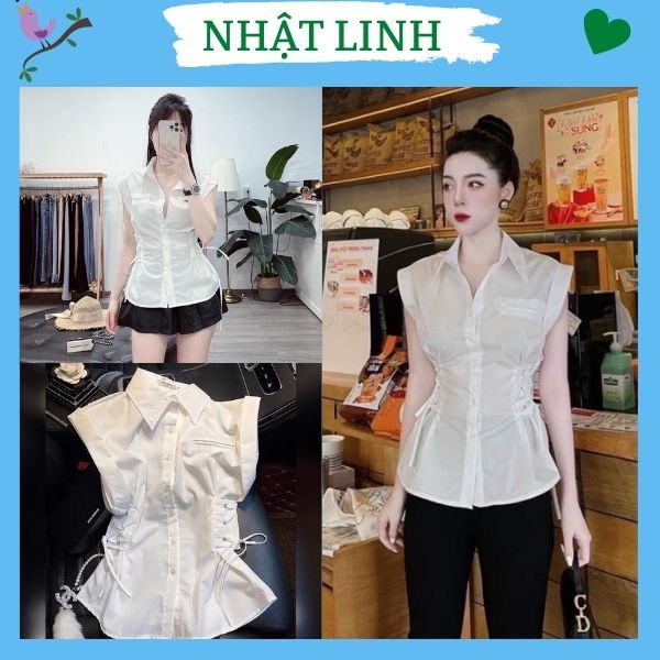 Áo sơ mi nữ NHẬT LINH áo kiểu nữ tay ngắn chiết bo eo đan dây nữ tính nhẹ nhàng - A95